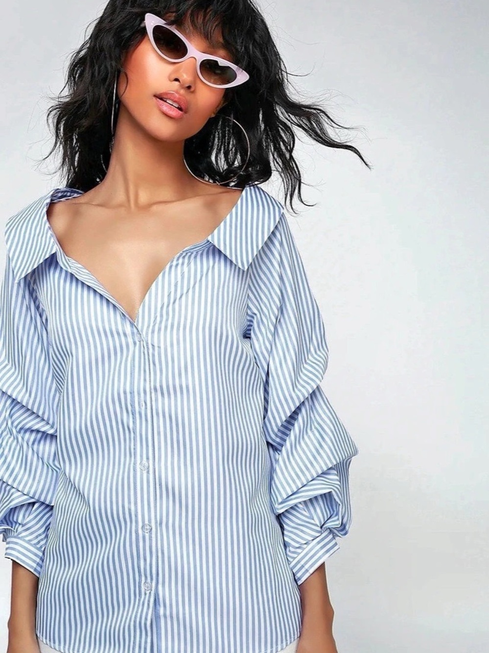 Lulus Posh Poise Blue Striped Cotton Off-the-Shoulder Button-Up Top Small